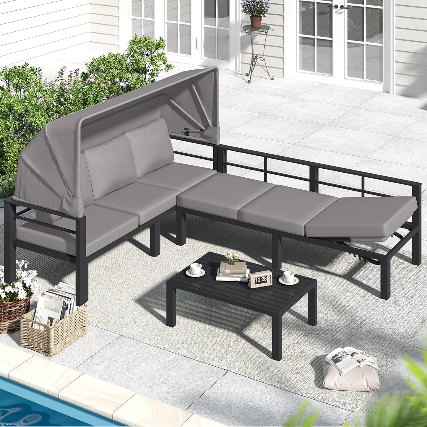 YODOLLA Patio Furniture Set with Retractable Canopy, Grey