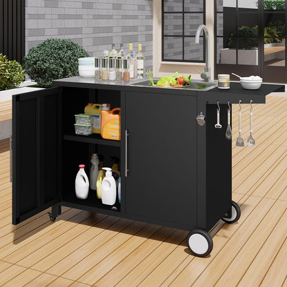 YODOLLA Grill Table with Sink, Stainless Steel Kitchen Island Cabinets Sink Station