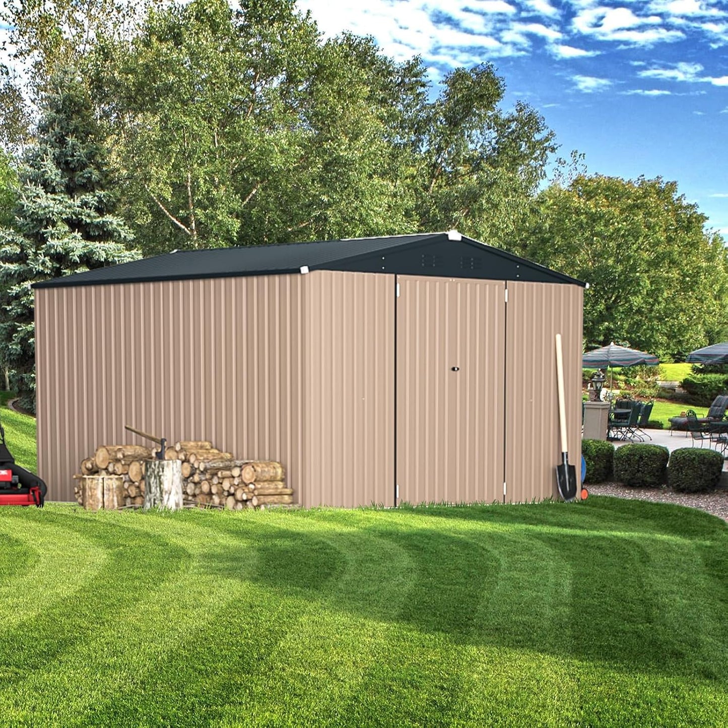 YODOLLA 10' x 10' Shed Outdoor Storage Shed with Lockable Doors, Grey