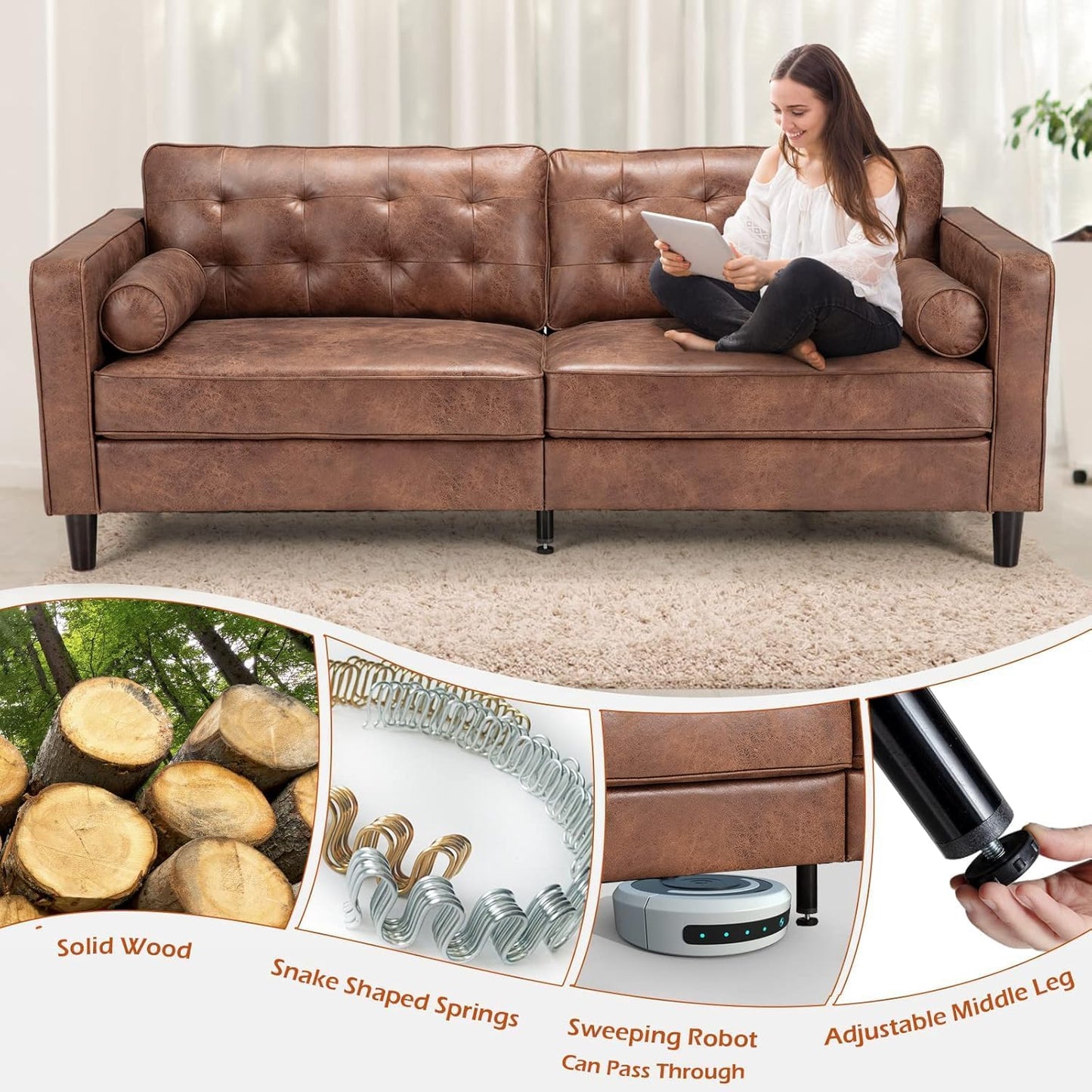YODOLLA 84.2" 3-Seats Large Sofa Couch Couch, Faux Leather Brown