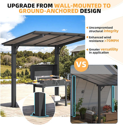 YODOLLA 8' x 5' Hardtop Pergola, Wall-Mounted Grill Gazebo & Carport for Patio, Deck & Outdoor Use