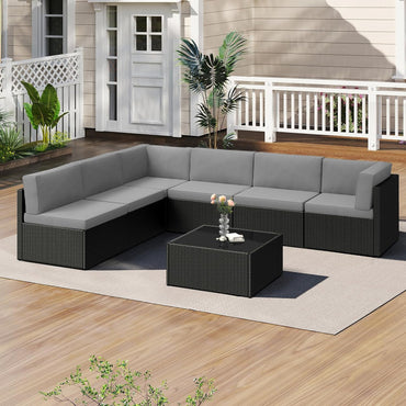 YODOLLA 7 Piece Outdoor Patio Furniture Set, Black & Gray