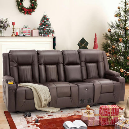 YODOLLA Faux Leather Recliner Sofa w/ Console, Brown