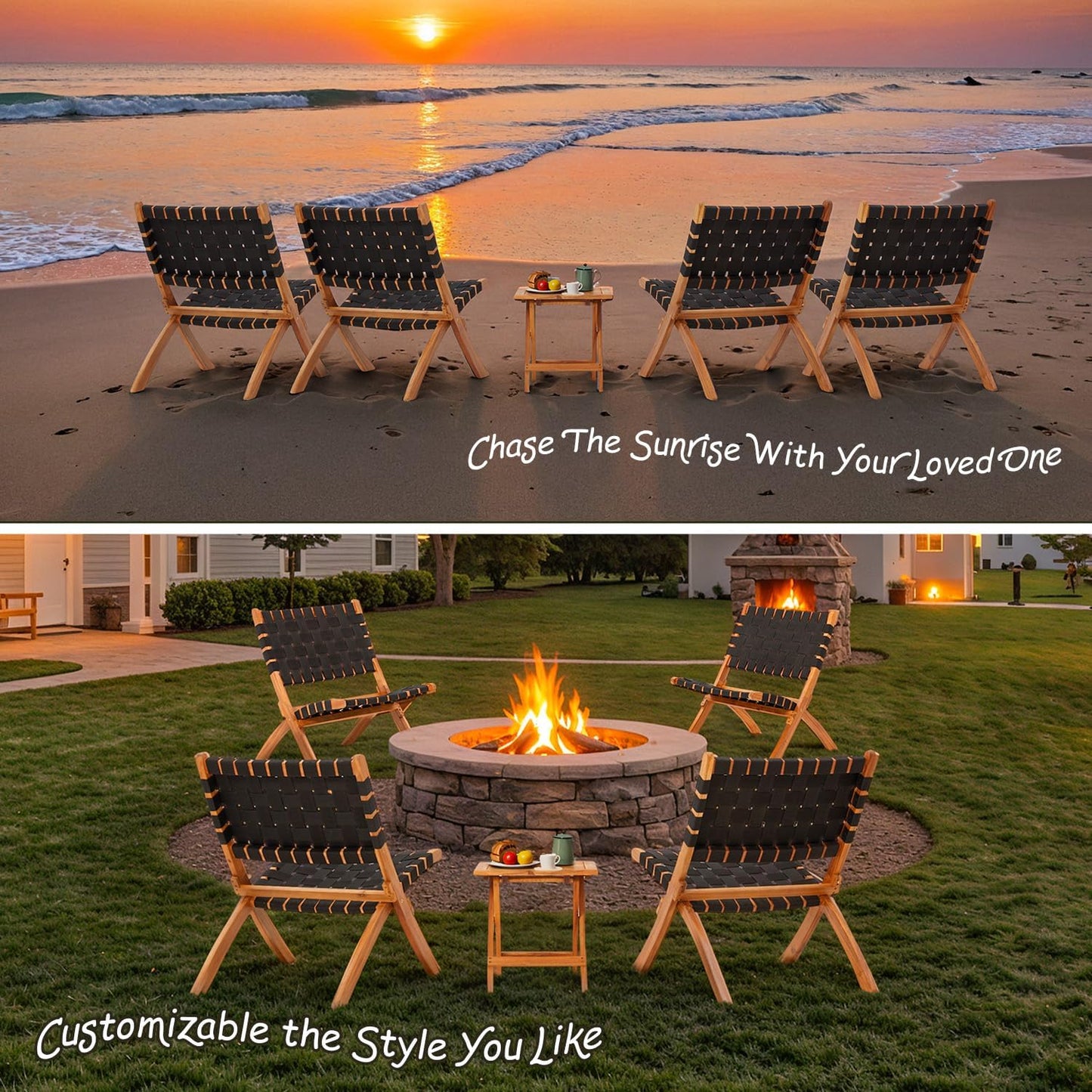 YODOLLA 3 Piece Patio Furniture Set, Acacia Wood Bistro Set with Coffee Table & Folding Chairs