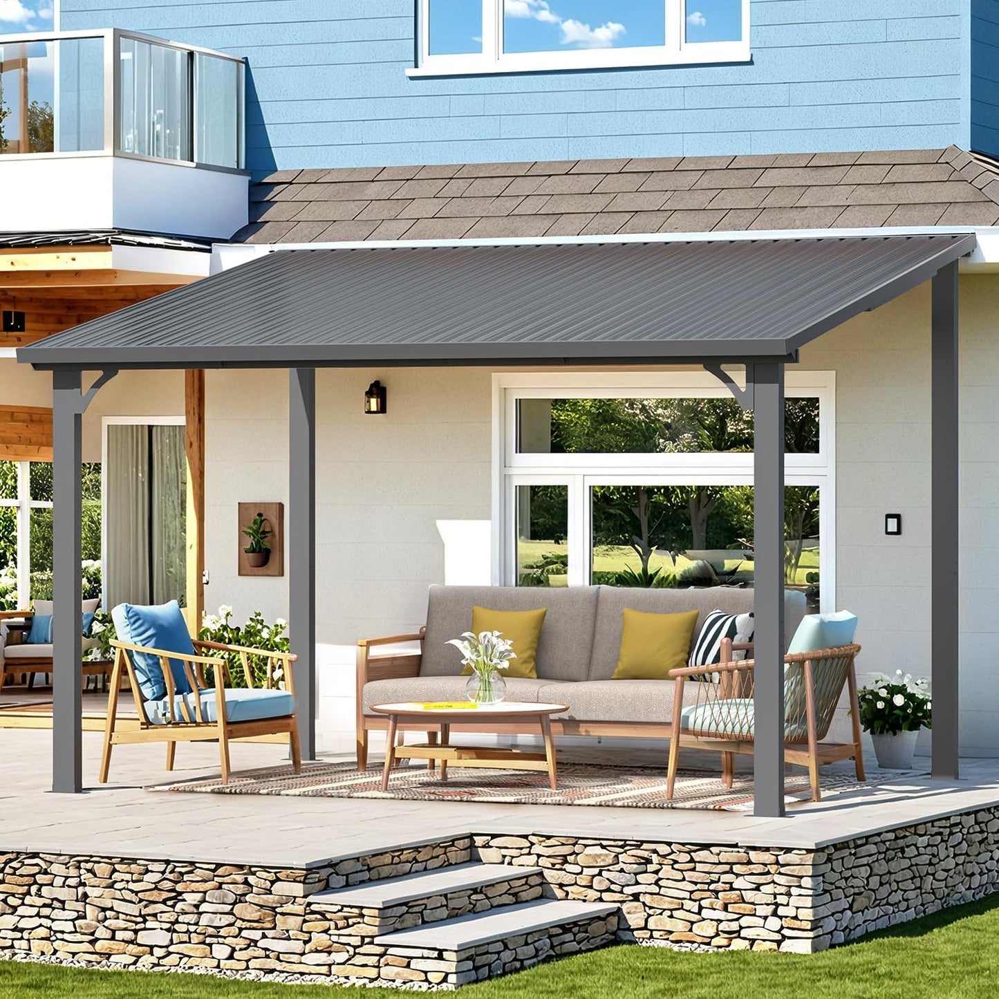 YODOLLA Hardtop Gazebo, Wall-Mounted Lean to Metal Awnings Pergola