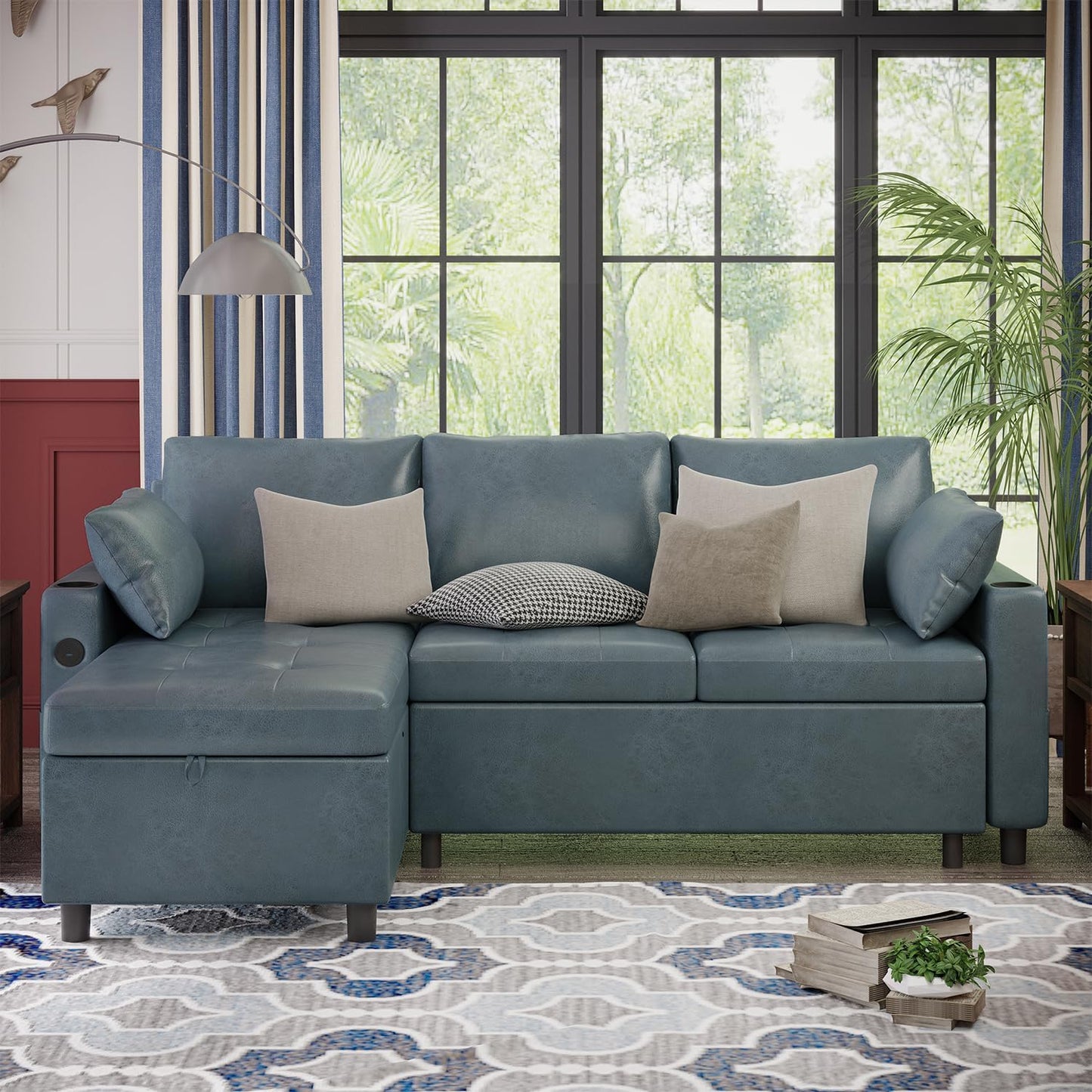 YODOLLA Faux Leather L-Shaped Sleeper Sofa, Pullout Bed, USB & Storage, Blue