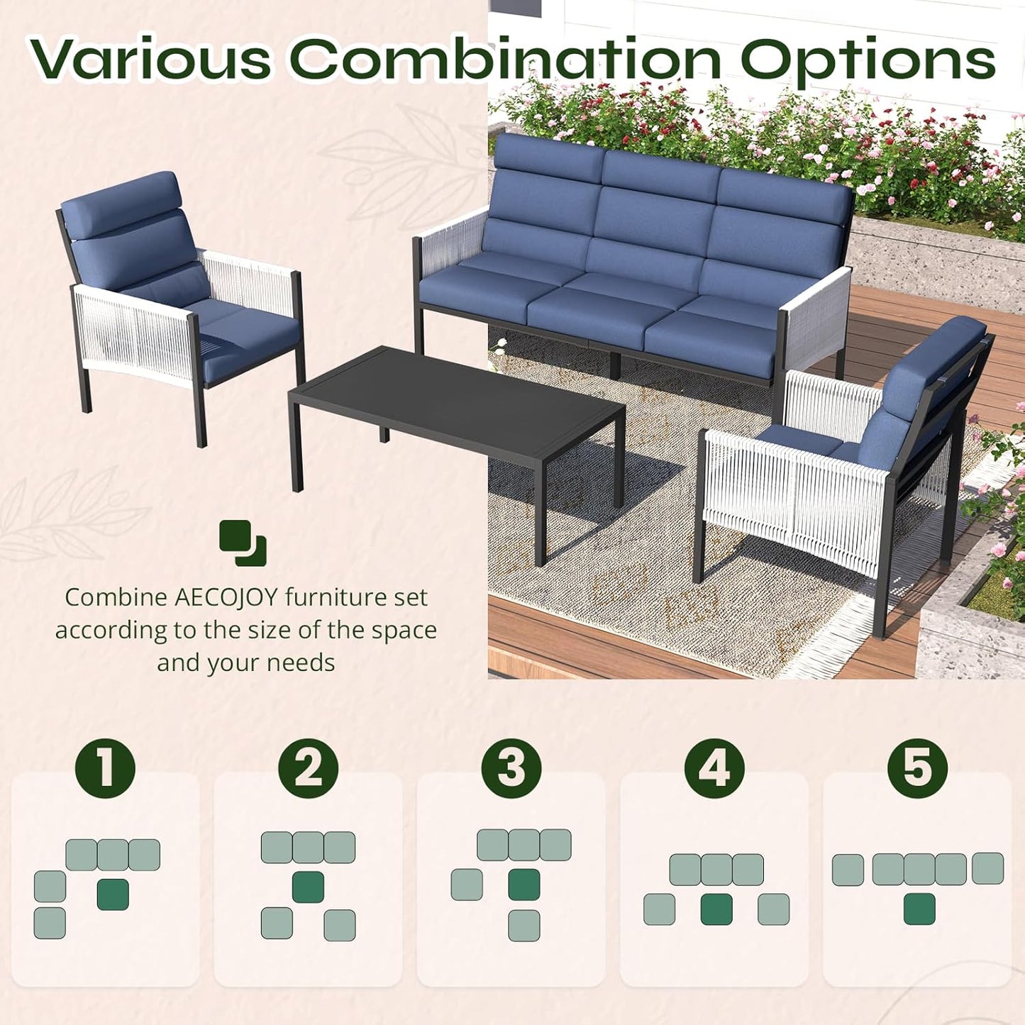 YODOLLA 4 Pieces Aluminum Patio Furniture Set with PE Rope Armrest, Dark Blue