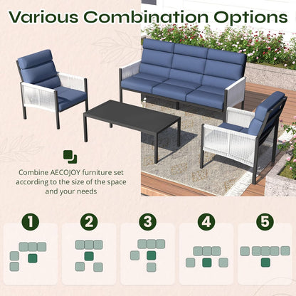YODOLLA 4 Pieces Aluminum Patio Furniture Set with PE Rope Armrest, Dark Blue