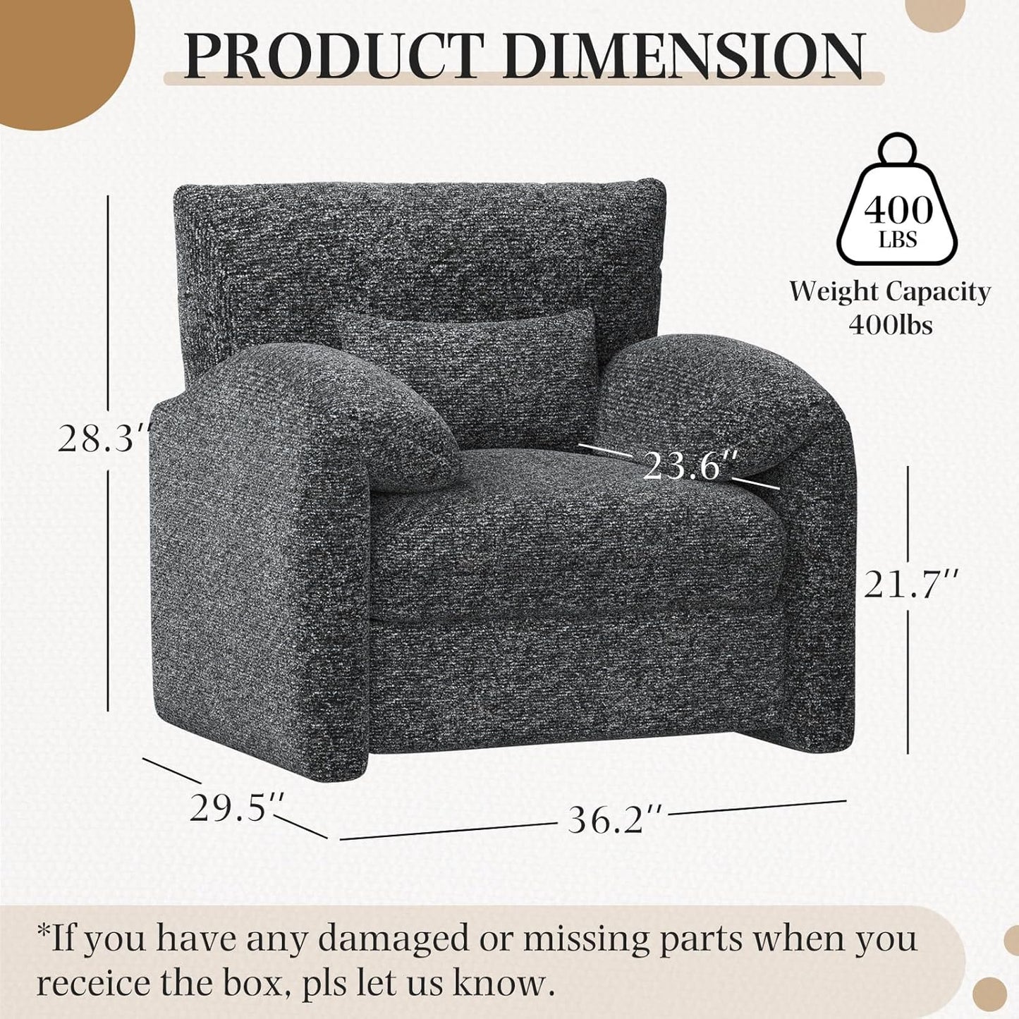 YODOLLA Oversized Armchair, Chenille Mid Century Accent Chair, Comfy Upholstered Single Sofa, Extra Wide Reading Chairs