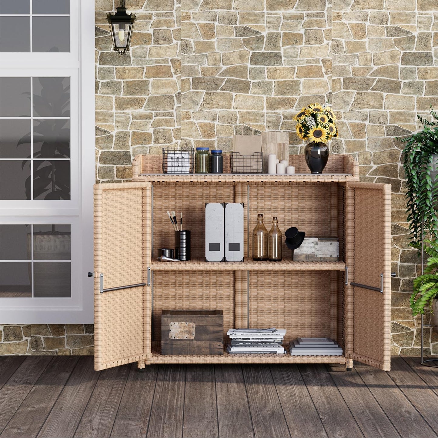 YODOLLA Outdoor Rattan Storage Cabinet, Waterproof, Beige