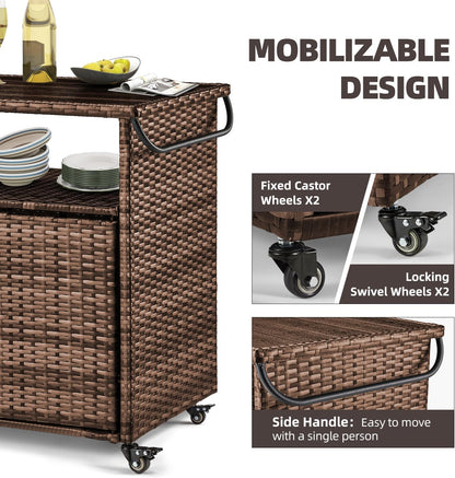 YODOLLA Outdoor Bar Cart, Patio Storage Grill Cart with Handles,Brown