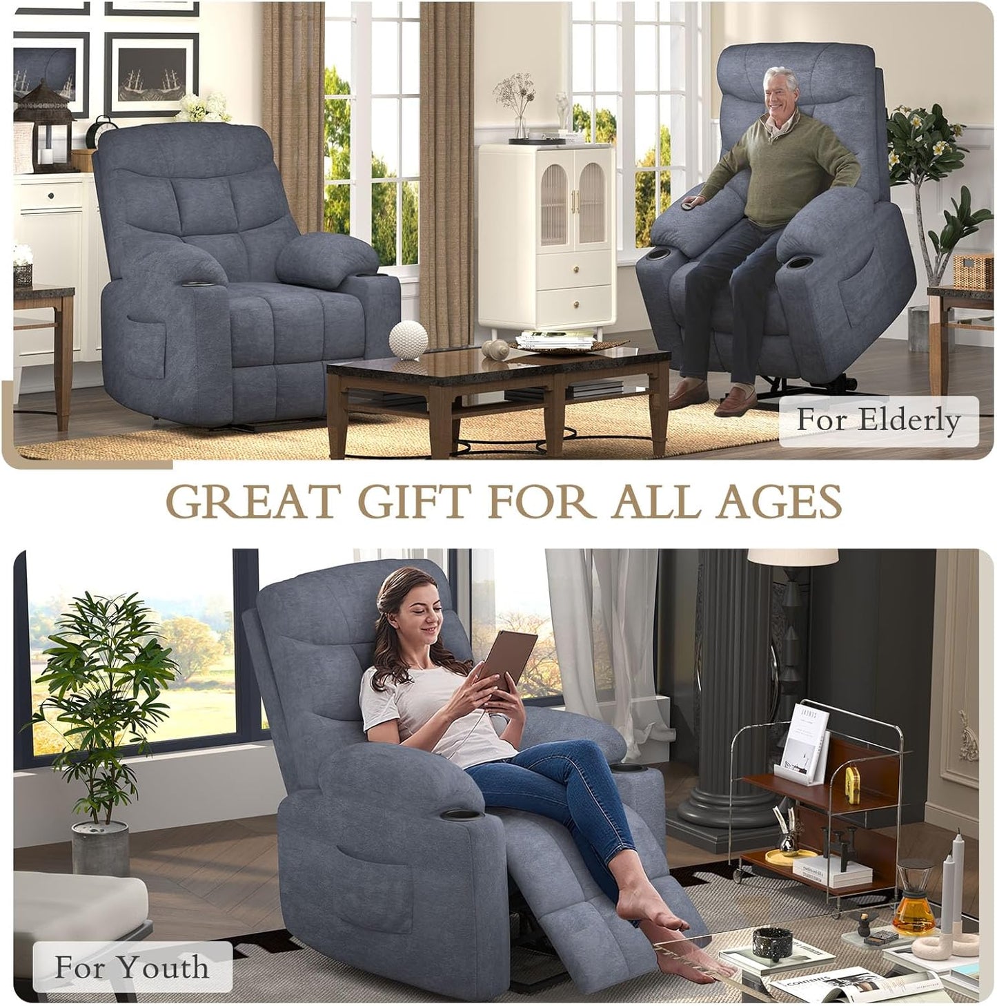 YODOLLA Massage Power Lift Recliner for Elderly, Linen Fabric, Blue Grey