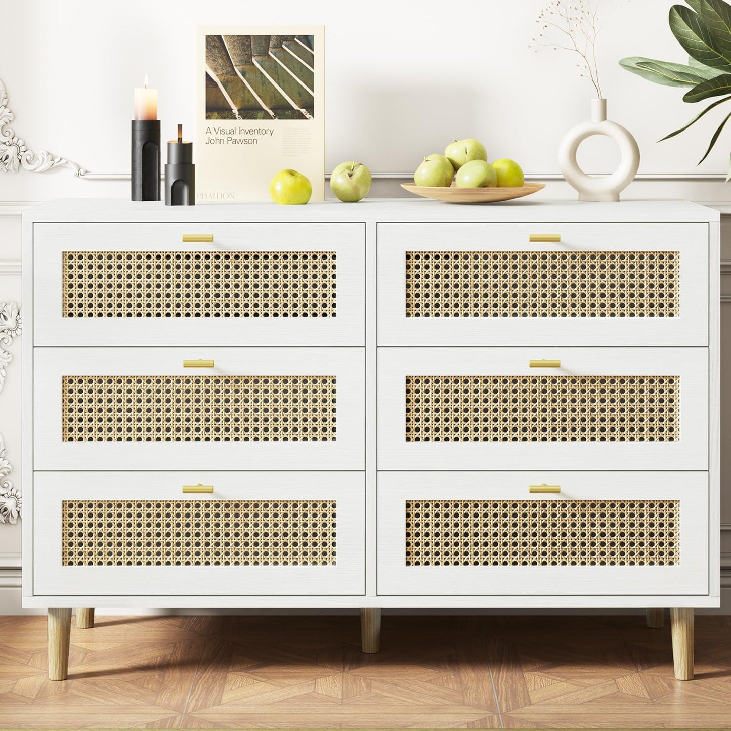 YODOLLA Wicker Dresser 6 Drawer Rattan Dresser, White