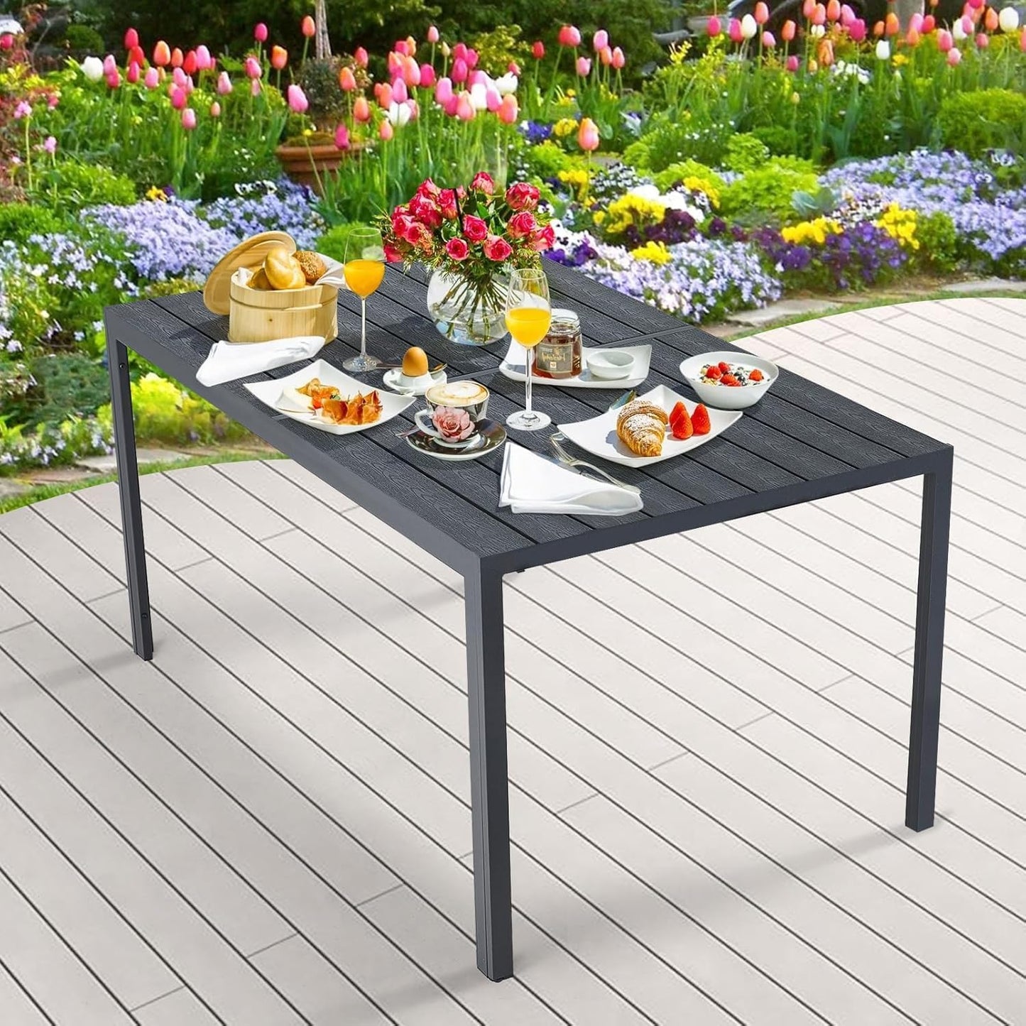 YODOLLA 60" Outdoor Aluminum Patio Dining Table with Wood-Plastic Composite Tabletop