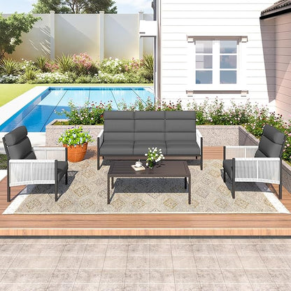 YODOLLA 4 Pieces Aluminum Patio Furniture Set with PE Rope Armrest, Dark Grey