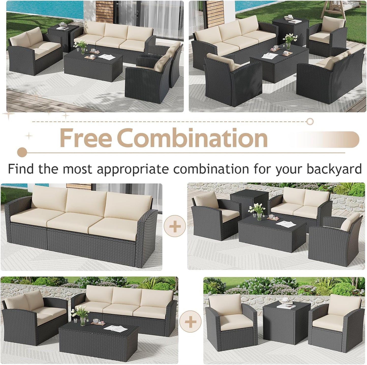 YODOLLA 7 PCS Outdoor Patio Furniture Sets with 2 Storage Boxes, Black & Beige