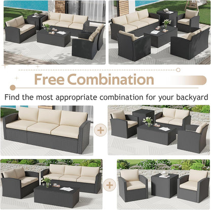 YODOLLA 7 PCS Outdoor Patio Furniture Sets with 2 Storage Boxes, Black & Beige