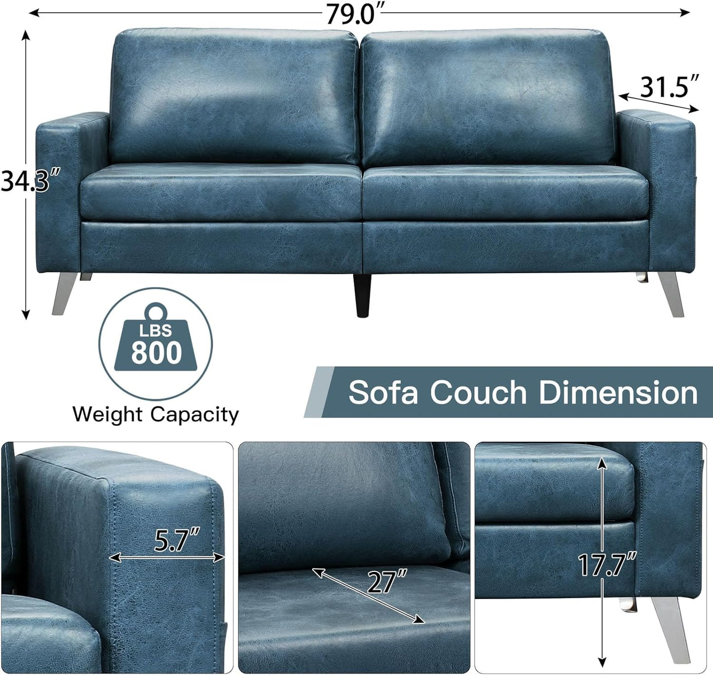 YODOLLA 79 Inch Sofa Couch for Living Room, Faux Leather, Saddle Blue