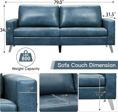 YODOLLA 79 Inch Sofa Couch for Living Room, Faux Leather, Saddle Blue