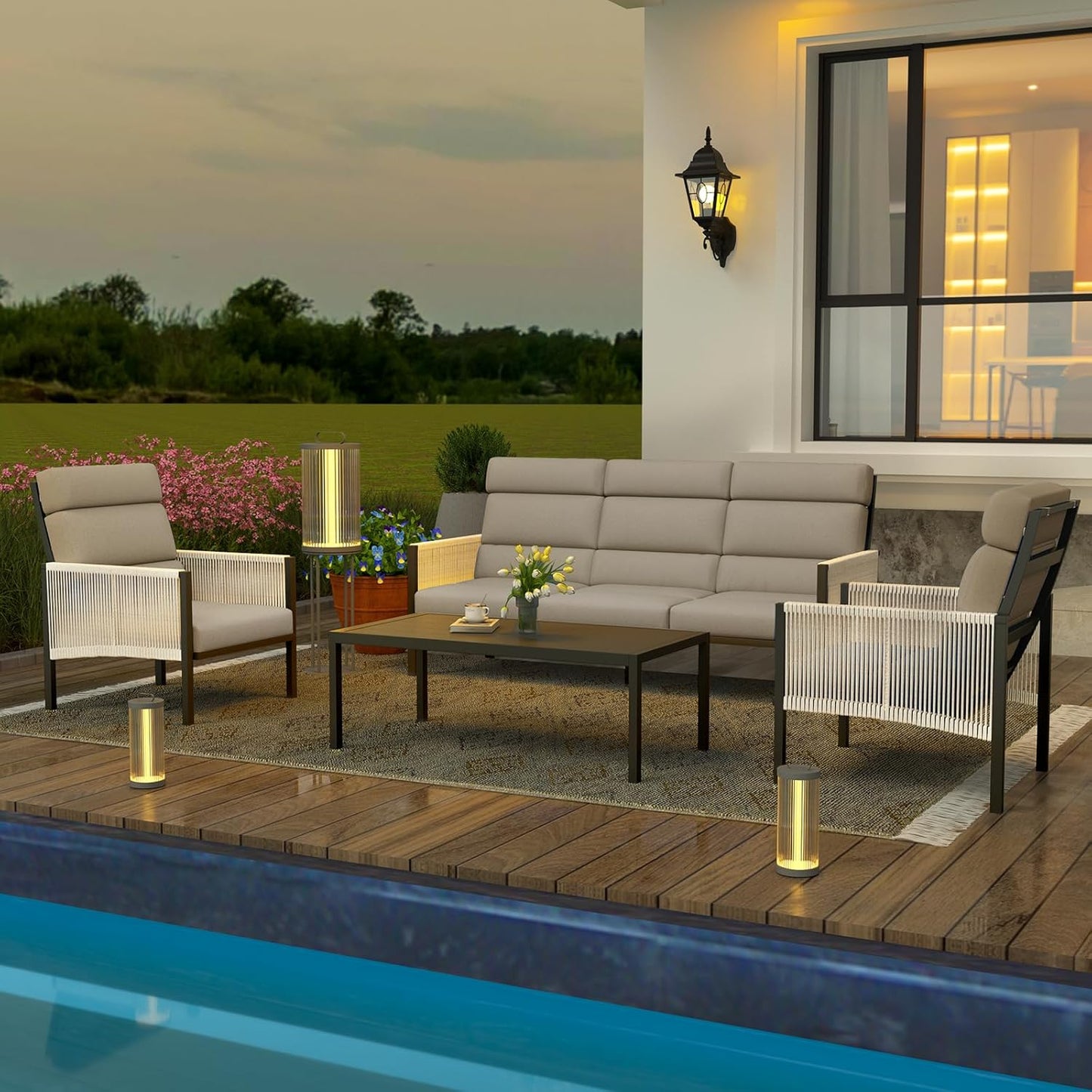 YODOLLA 4 Pieces Aluminum Patio Furniture Set with PE Rope Armrest, Beige