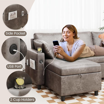 YODOLLA Faux Leather L-Shaped Sleeper Sofa, Pullout Bed, USB & Storage, Gray
