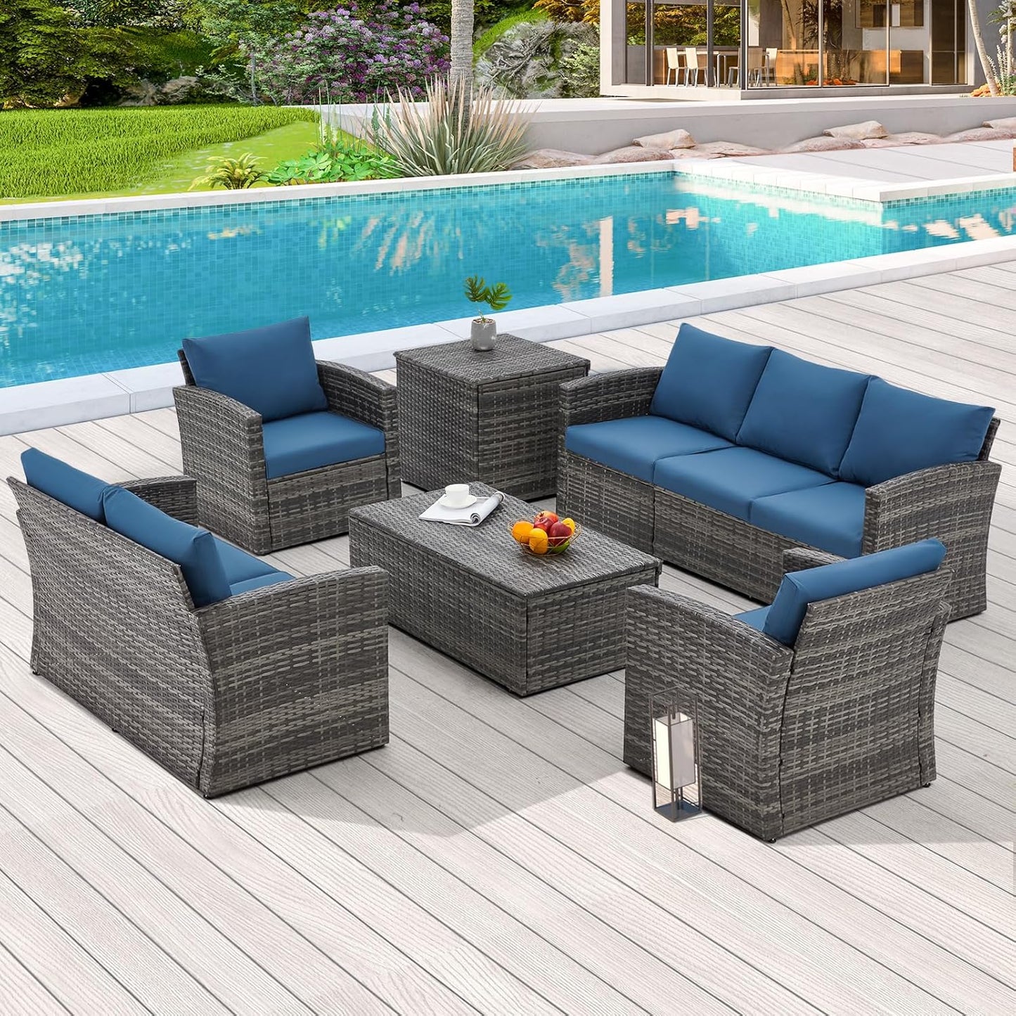 YODOLLA 7 Pieces Patio Furniture with Two Storage Boxes, Grey & Dark Blue