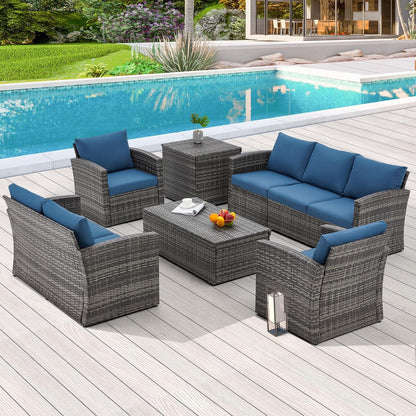 YODOLLA 7 Pieces Patio Furniture with Two Storage Boxes, Grey & Dark Blue