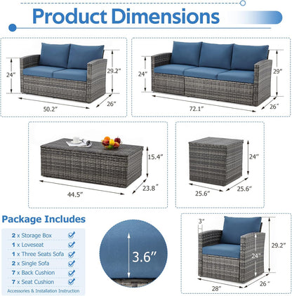 YODOLLA 7 Pieces Patio Furniture with Two Storage Boxes, Grey & Dark Blue
