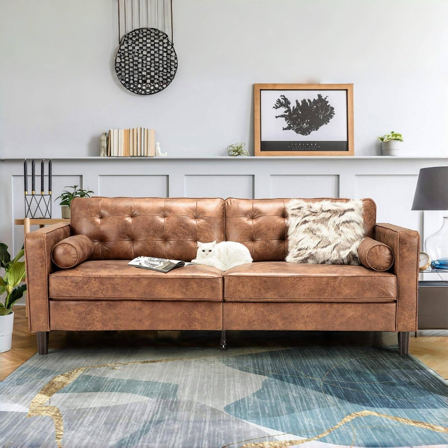 YODOLLA 84.2" 3-Seats Large Sofa Couch Couch, Faux Leather Brown