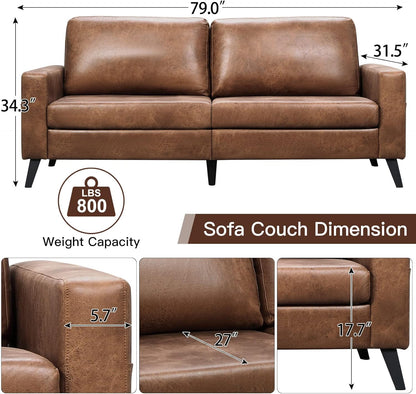 YODOLLA 79 Inch Sofa Couch for Living Room, Faux Leather, Brown