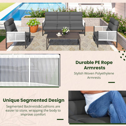 YODOLLA 4 Pieces Aluminum Patio Furniture Set with PE Rope Armrest, Dark Grey