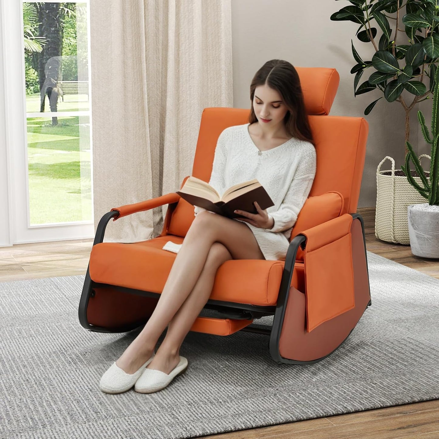 YODOLLA Retractable Gliding Rocking Chair, Orange Leather
