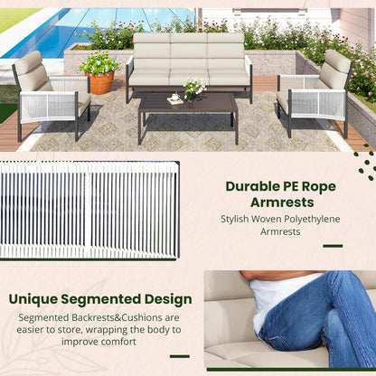 YODOLLA 4 Pieces Aluminum Patio Furniture Set with PE Rope Armrest, Beige