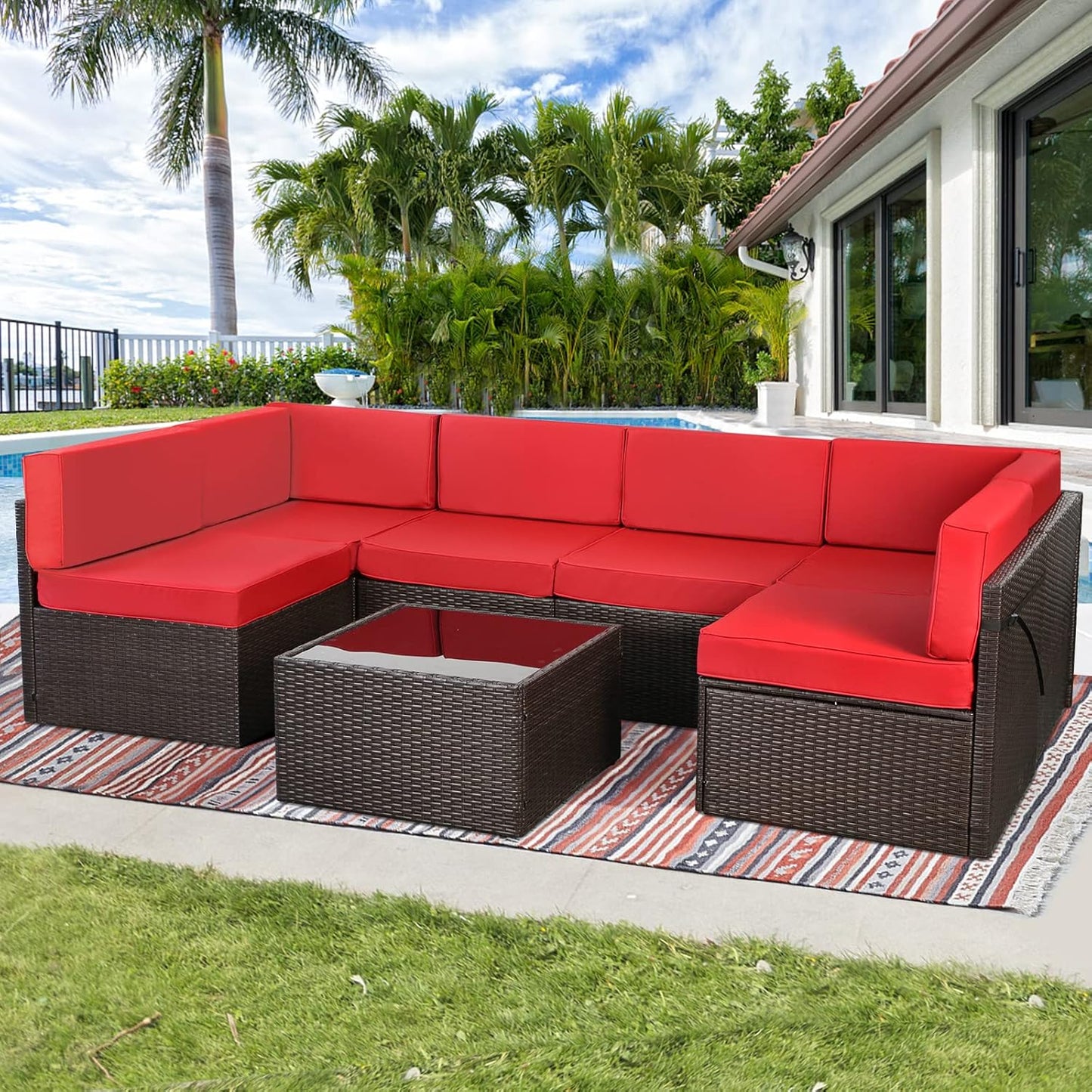 YODOLLA 7 Piece Outdoor Patio Furniture Set, Brown & Red
