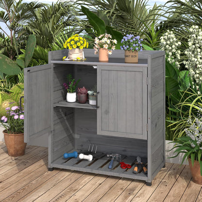 YODOLLA Potting Bench, Outdoor Wooden Storage Cabinet with Adjustable Shelf