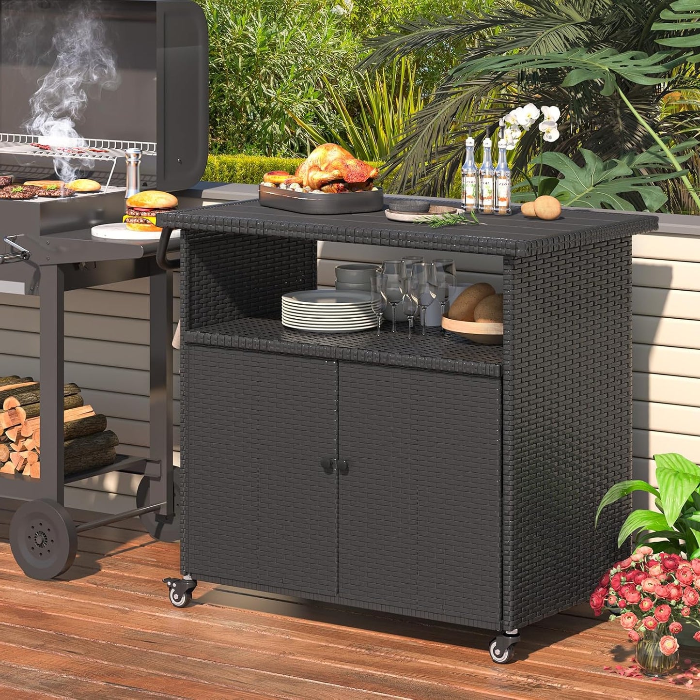 YODOLLA Outdoor Bar Cart, Patio Storage Grill Cart with Handles,Black