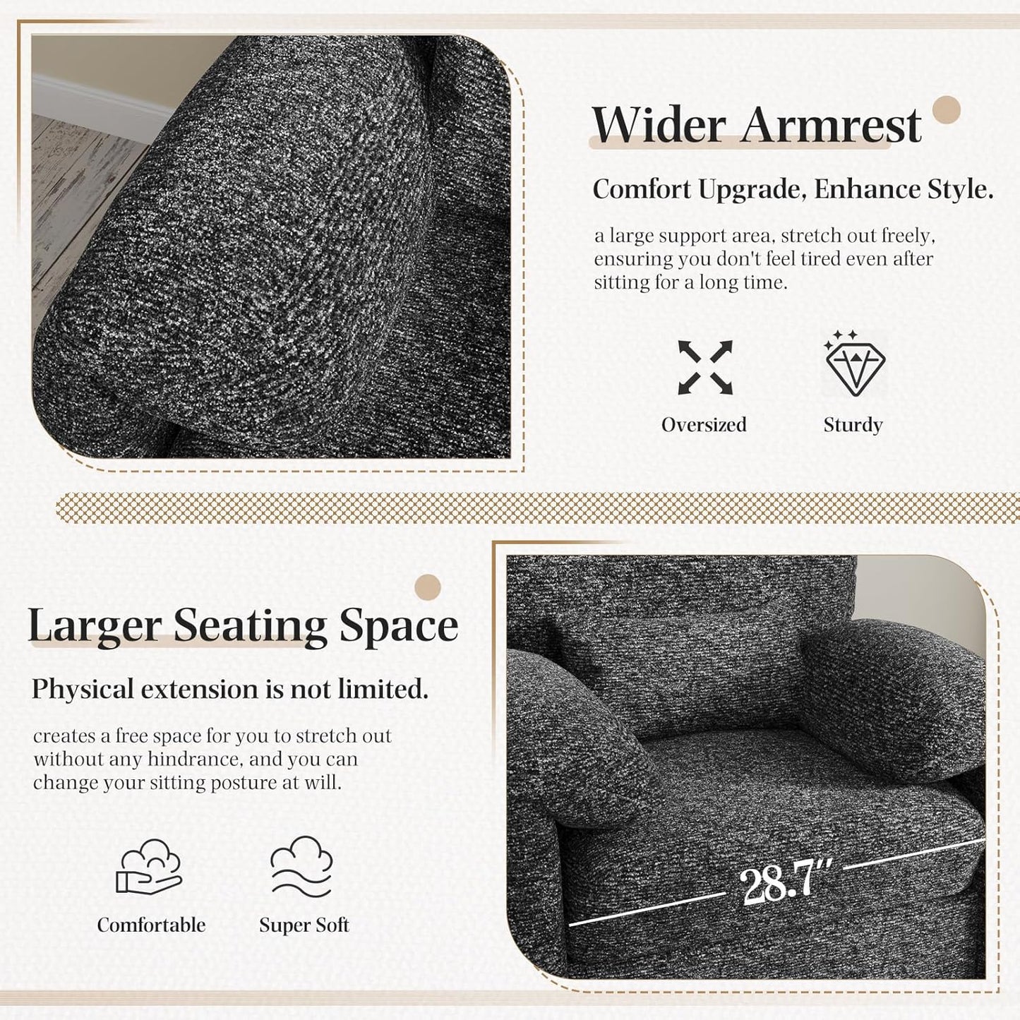 YODOLLA Oversized Armchair, Chenille Mid Century Accent Chair, Comfy Upholstered Single Sofa, Extra Wide Reading Chairs