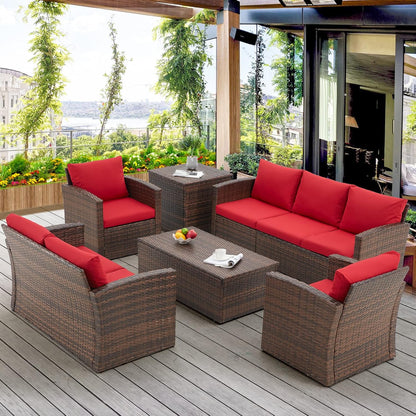 YODOLLA 7 Pieces Patio Furniture with Two Storage Boxes, Brown & Red