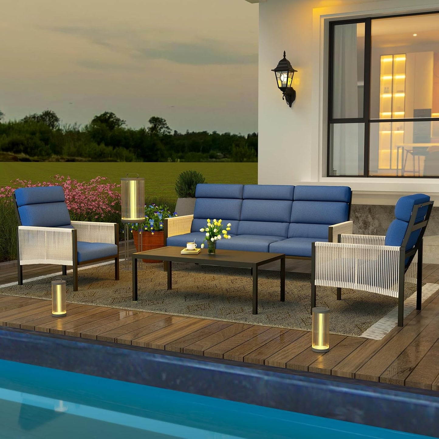 YODOLLA 4 Pieces Aluminum Patio Furniture Set with PE Rope Armrest, Dark Blue