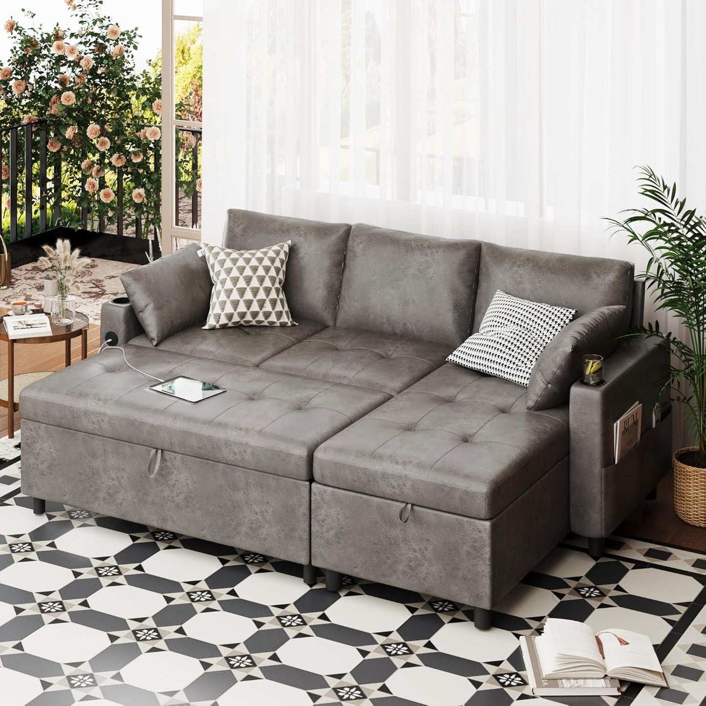 YODOLLA Faux Leather L-Shaped Sleeper Sofa, Pullout Bed, USB & Storage, Gray