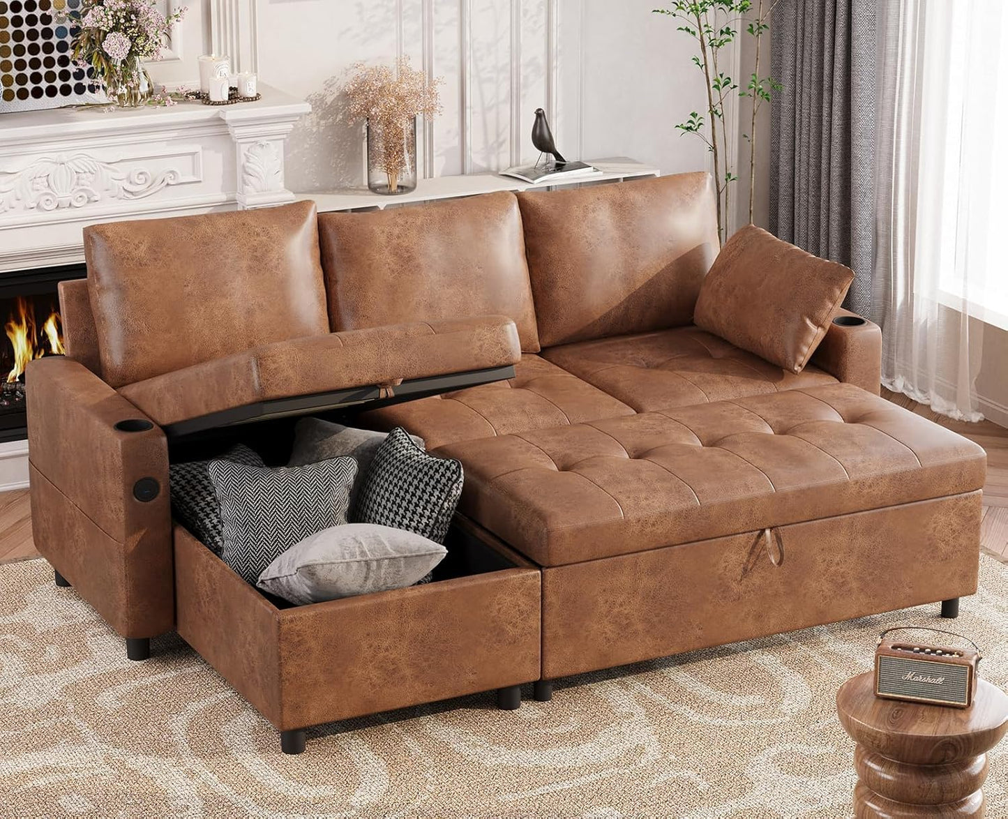 YODOLLA Faux Leather L-Shaped Sleeper Sofa, Pullout Bed, USB & Storage, Brown