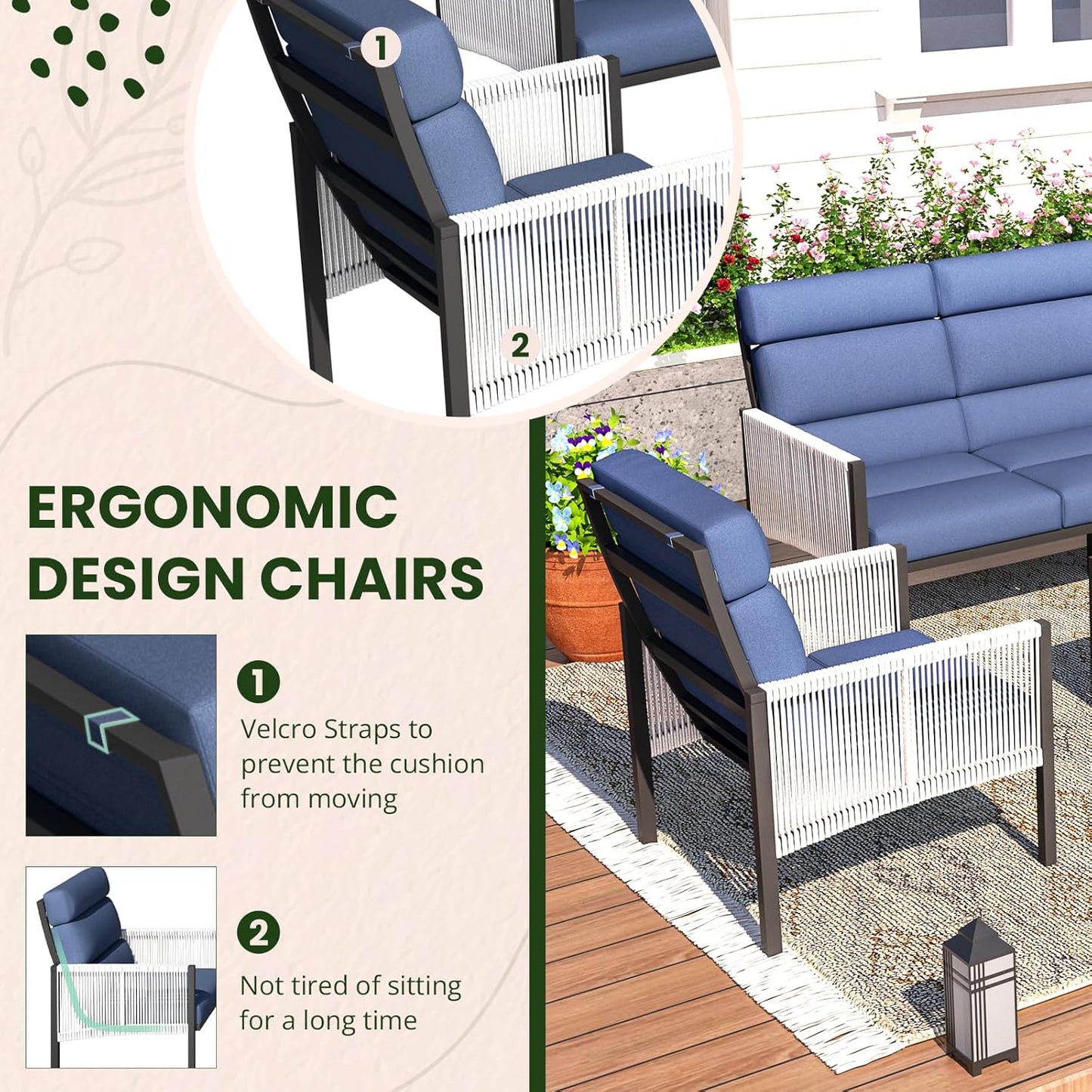 YODOLLA 4 Pieces Aluminum Patio Furniture Set with PE Rope Armrest, Dark Blue