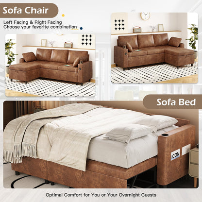 YODOLLA Faux Leather L-Shaped Sleeper Sofa, Pullout Bed, USB & Storage, Brown