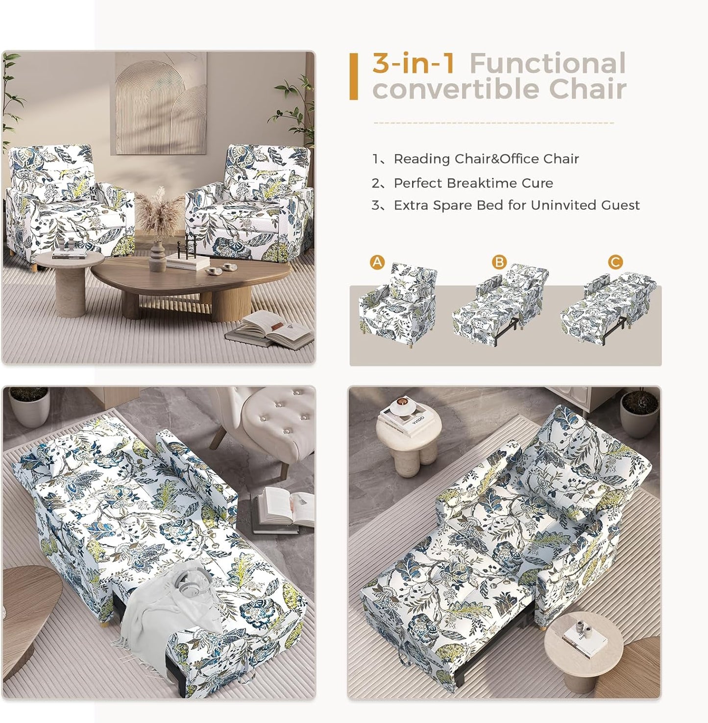 YODOLLA 3 in 1 Chair Bed Sleeper for Adults, Floral