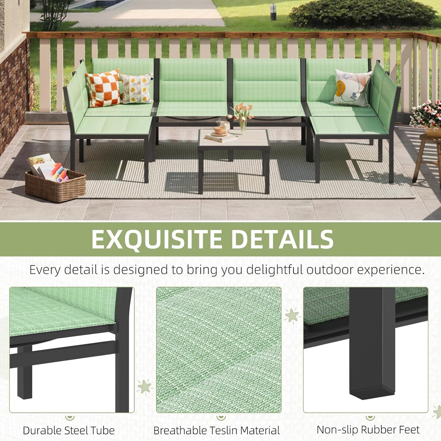 YODOLLA 7-Pc Sectional Patio Set Textilene Fabric, Green