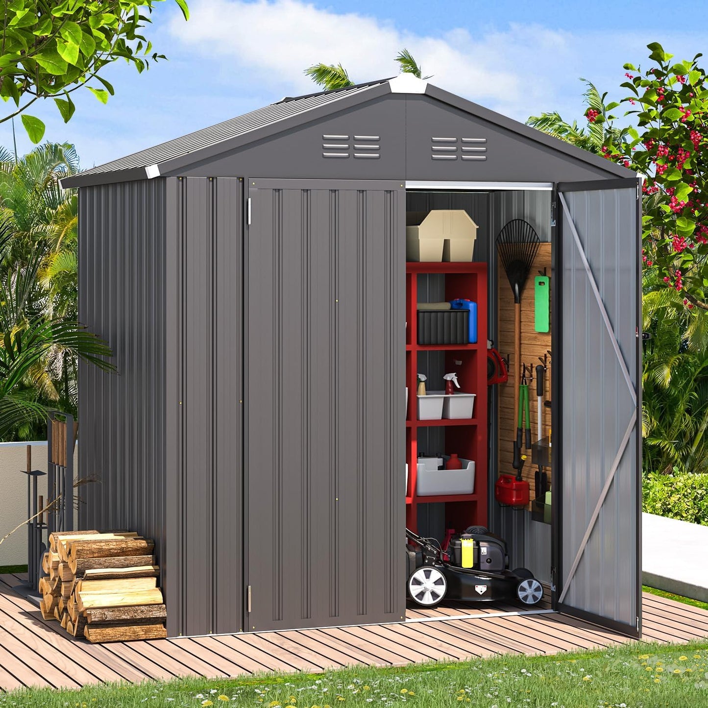 YODOLLA Shed 6' x 4' Storage Shed, Metal Sheds & Outdoor Storage, Dark Grey