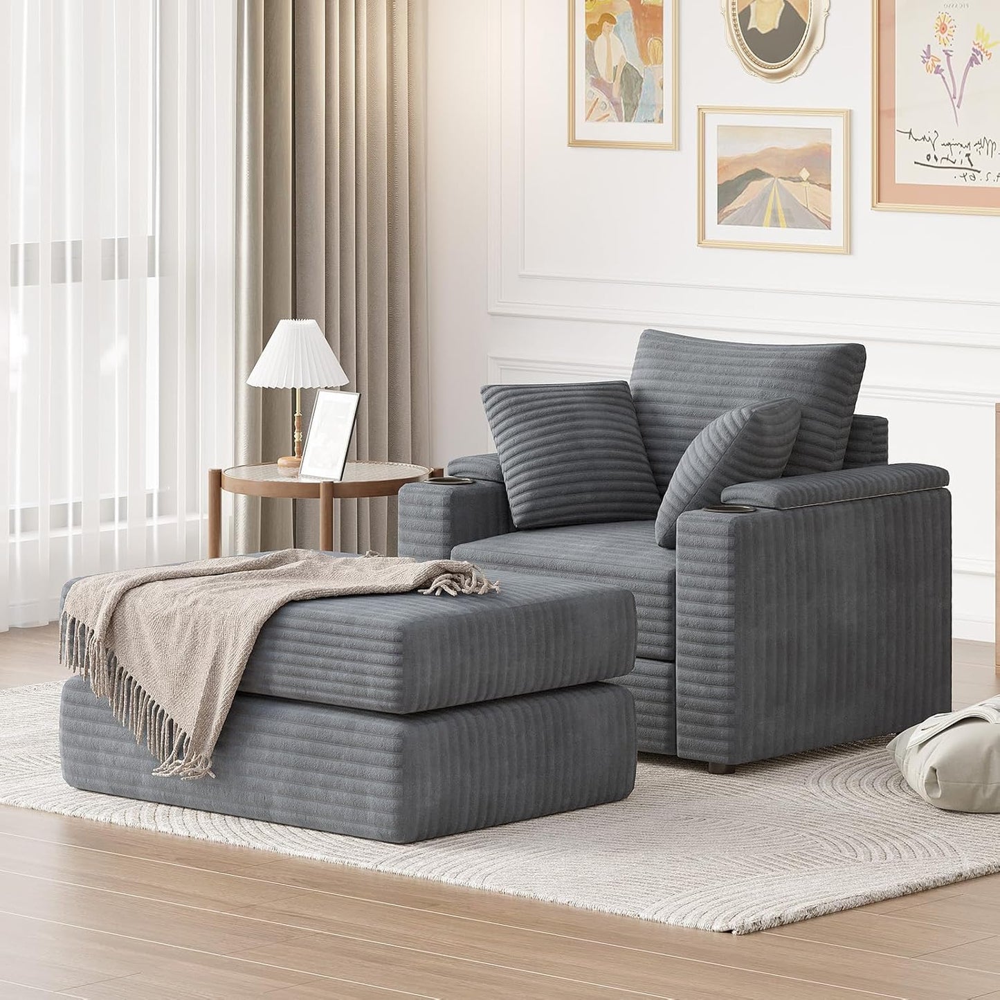 YODOLLA Chaise Lounge Chair Indoor, Oversized Sleeper Chair with Ottoman, Comfy Reading Sofa Armchair