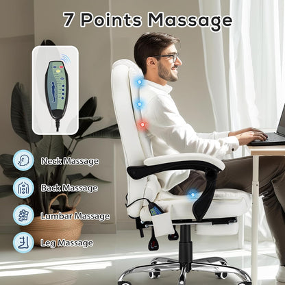 YODOLLA Massage Office Chair with Heat w/Retractable Footrest, Cream White