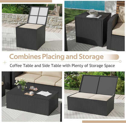 YODOLLA 7 PCS Outdoor Patio Furniture Sets with 2 Storage Boxes, Black & Beige