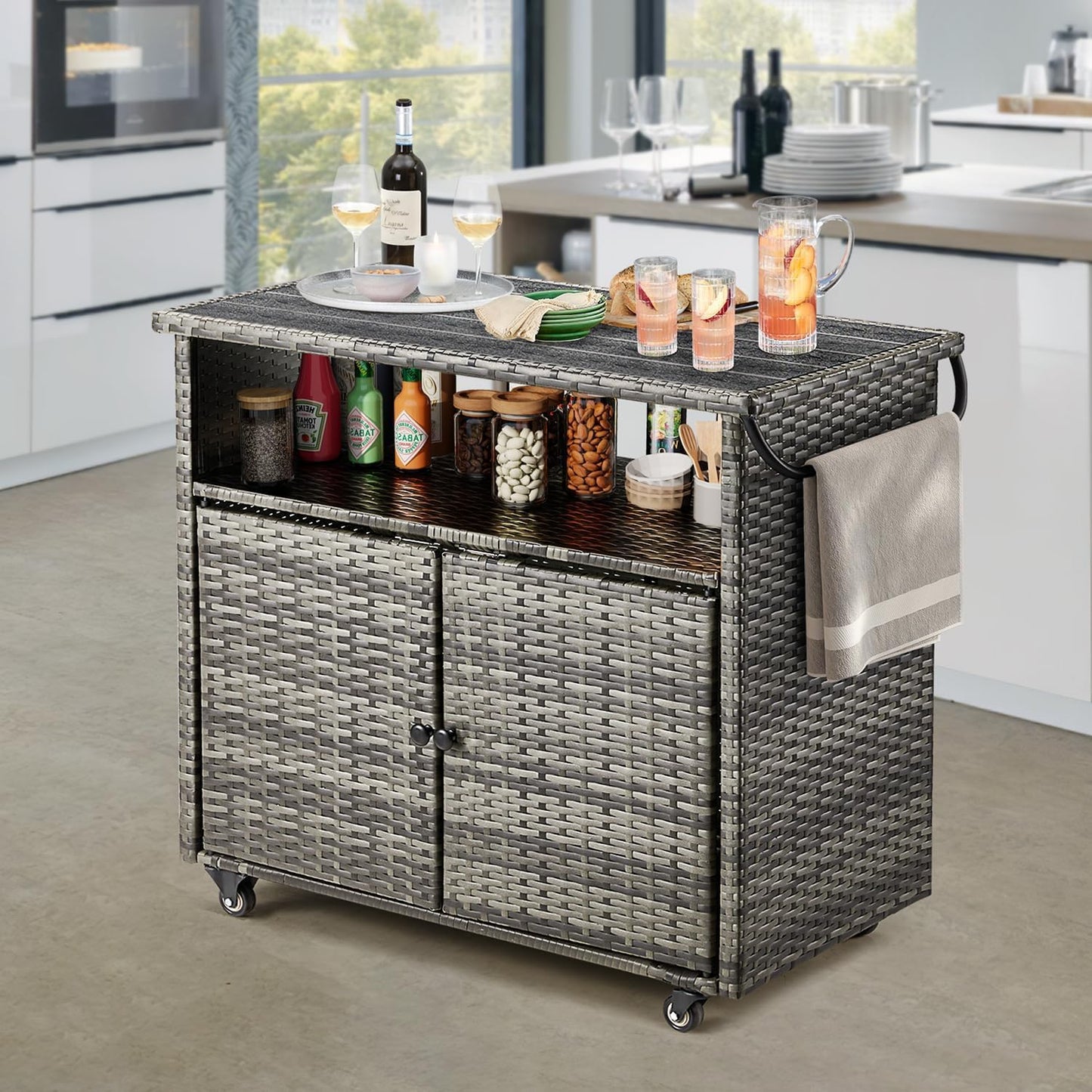 YODOLLA Outdoor Bar Cart with Storage Cabinet, Rattan Bar Table on Wheels